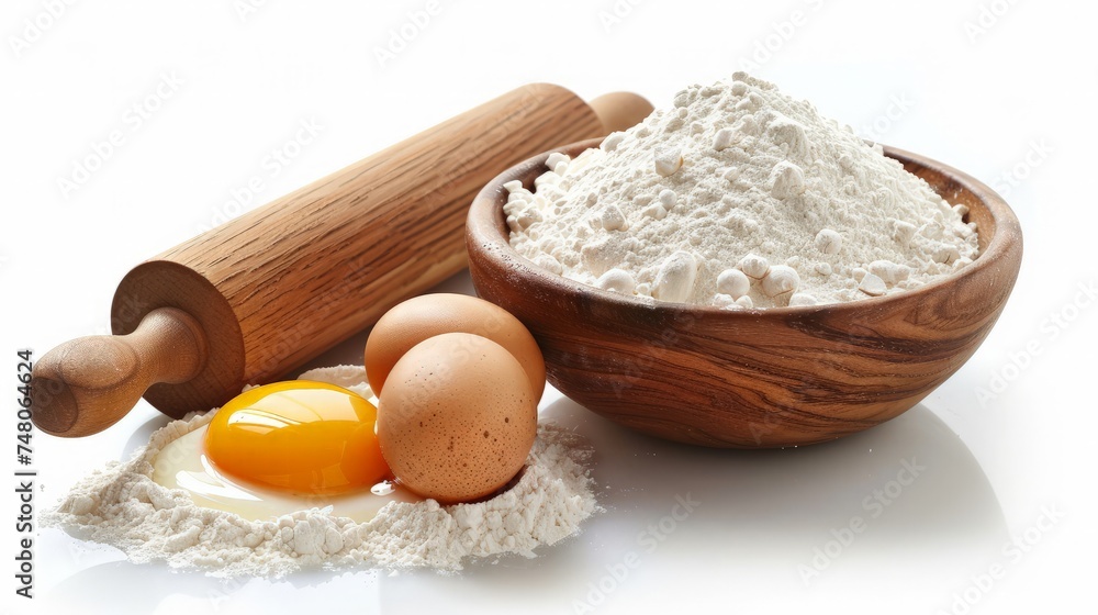 Baking ingredients flour in bowl with eggs and rolling pin over white background Baking ingredients flour in bowl with eggs and rolling pin over white background