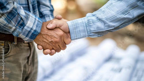 Handshake between two professionals on construction site, agreement