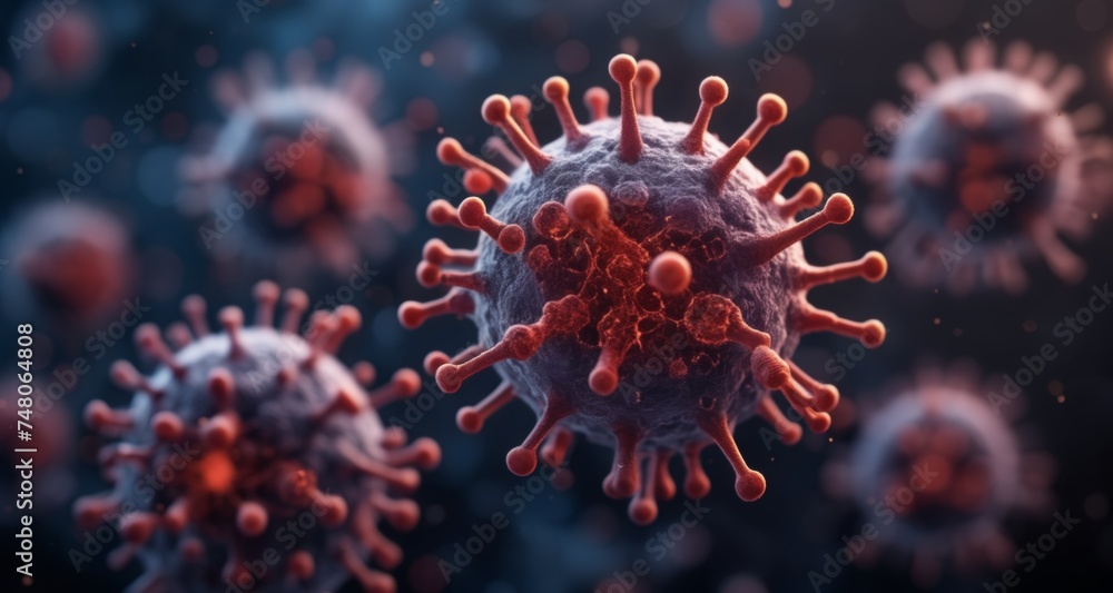 Viral particles in a microscopic view, illustrating the spread of a contagion Viral particles in a microscopic view, illustrating the spread of a contagion