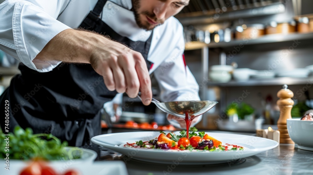 Cook in apron adding some sauce to dish. Cropped chef preparing food, meal, in kitchen, chef cooking, Chef decorating dish, Cook in apron adding some sauce to dish. Cropped chef preparing food, meal, in kitchen, chef cooking, Chef decorating dish,