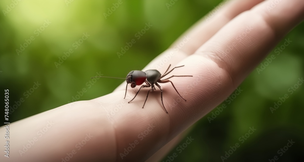 A tiny creature finds a resting spot on a human hand A tiny creature finds a resting spot on a human hand