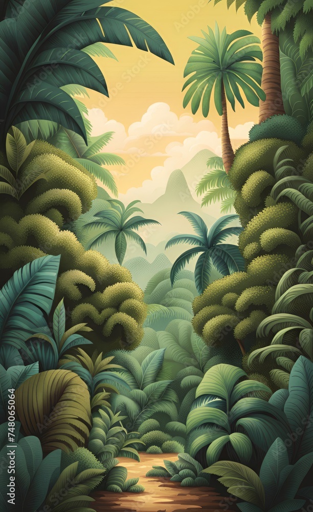 Fototapeta premium Tropical trees landscape wallpaper design, brush texture, plant and leaf, forest bacground, vintage, mural art, Generative AI