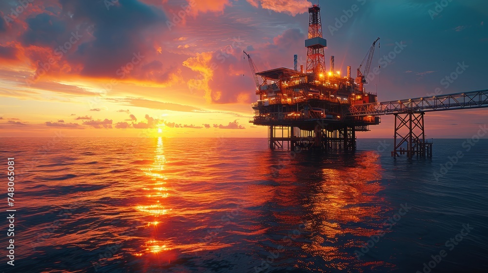 Aerial View of Offshore Oil Rig During Sunset Over Ocean. Sunset view with silhouette of an oil rig in the sea. Offshore oil rig drilling