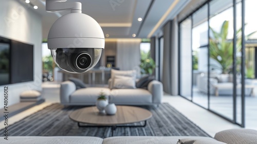 a home security camera in the modern minimal living room. security technology, smart digital lifestyle home automation control online futuristic. camera, iot, guard, sensor, cctv, home photo