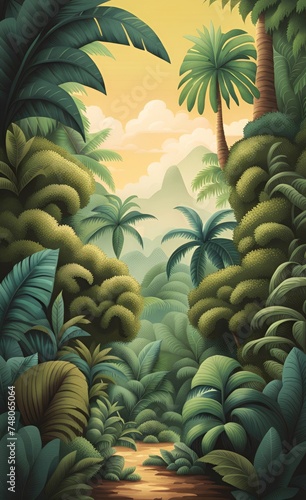 Tropical trees landscape wallpaper design  brush texture  plant and leaf  forest bacground  vintage  mural art  Generative AI