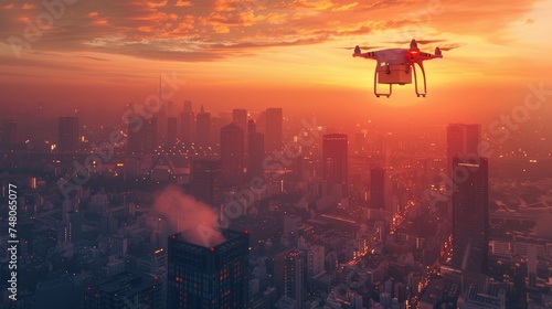 A drone delivering deliver packages to customers with precision and speed, Drone delivery in a bustling cityscape, parcel in tow against a sunset skyline