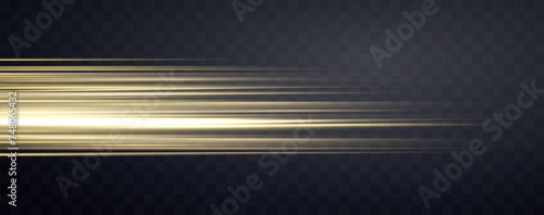 Speed velocity light neon flow, zoom in motion effect, gold glow speed lines, colorful light trails, stripes. Abstract background, vector illustration.