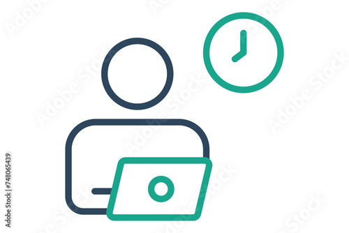 Flexible Working icon. people with laptop and clock. symbolizing adaptable schedules and remote work options. line icon style. element illustration.