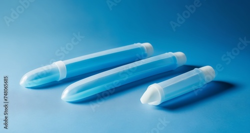  Containers of blue liquid on a blue background