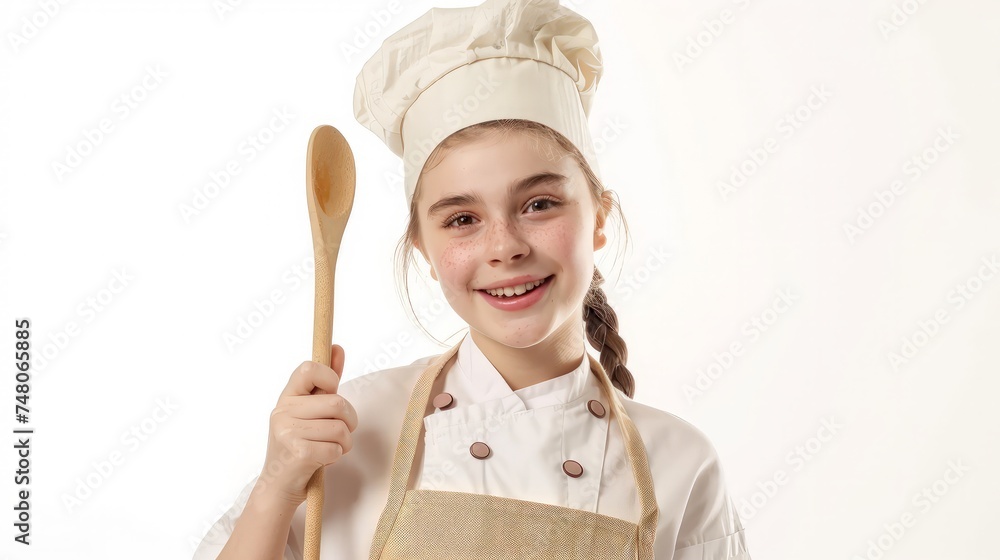 girl chef with wooden spoon isolated on white background girl chef with wooden spoon isolated on white background