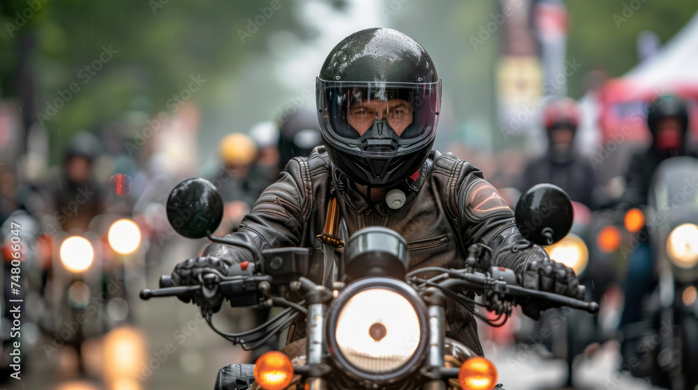A man rides his motorcycle in a group on the street A man rides his motorcycle in a group on the street