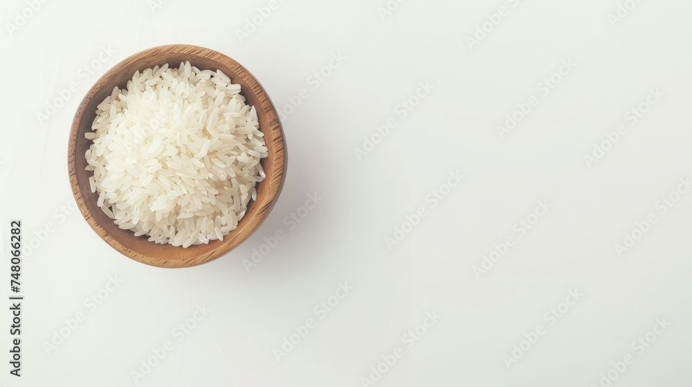 Healthy food. Wooden bowl with parboiled rice on white background. Top view, copy space, high resolution product. Healthy food. Wooden bowl with parboiled rice on white background. Top view, copy space, high resolution product.