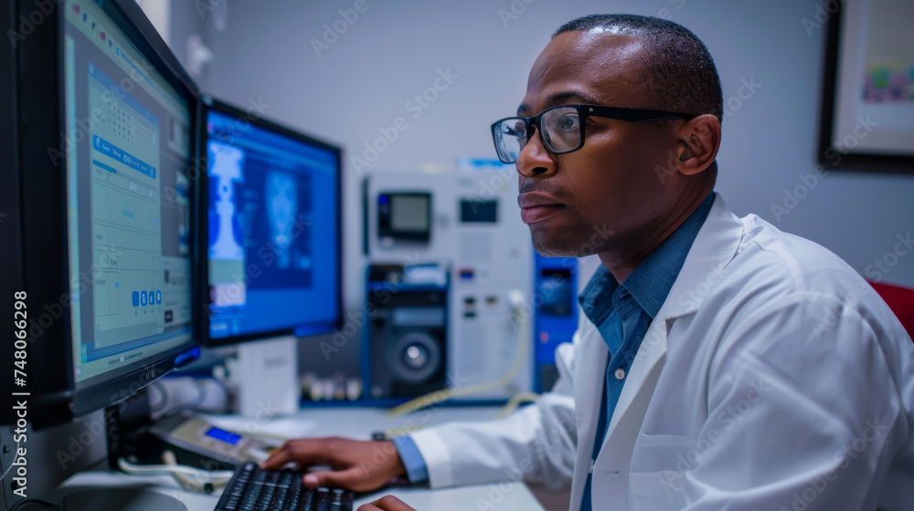 a doctor is looking at something on the computer