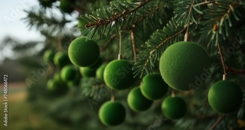  Bright green Christmas ornaments hanging from a tree branch