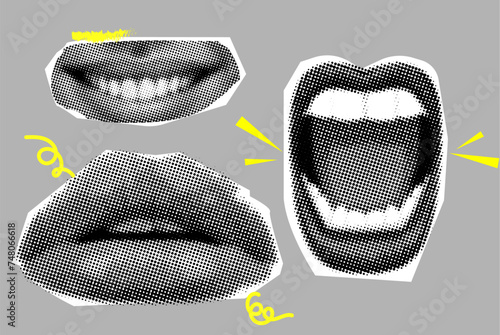 Collection collage elements open mouth teeth lips in halftone style