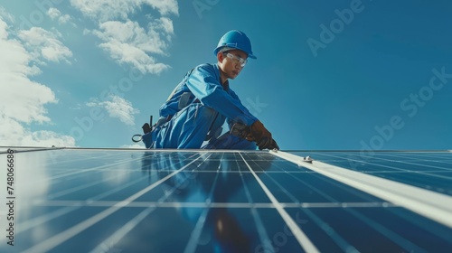 Man worker in blue suit and protective helmet installing solar photovoltaic panel system using screwdriver. Professional electrician mounting blue solar module.