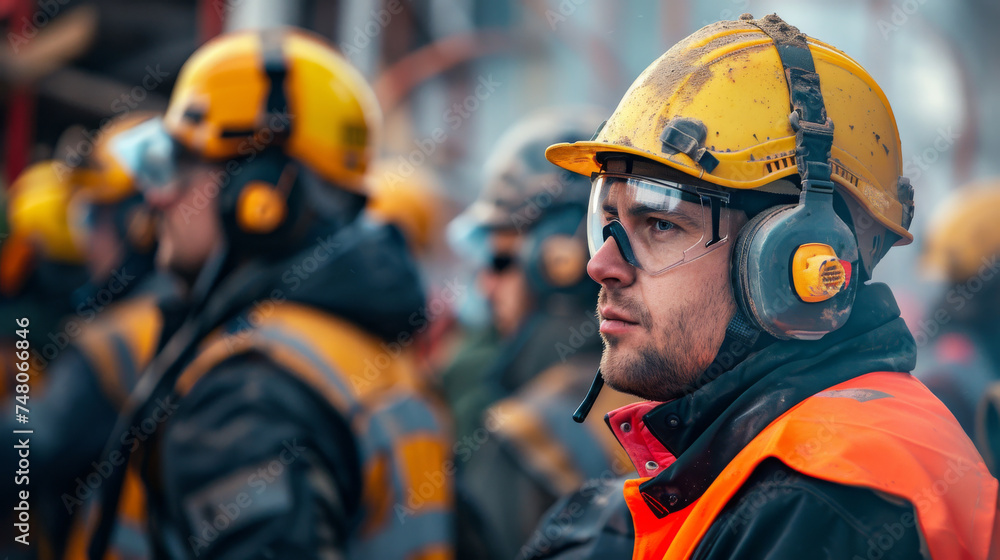 Construction worker with protective equipment a helmet, hearing protection and safety glasses Construction worker with protective equipment a helmet, hearing protection and safety glasses