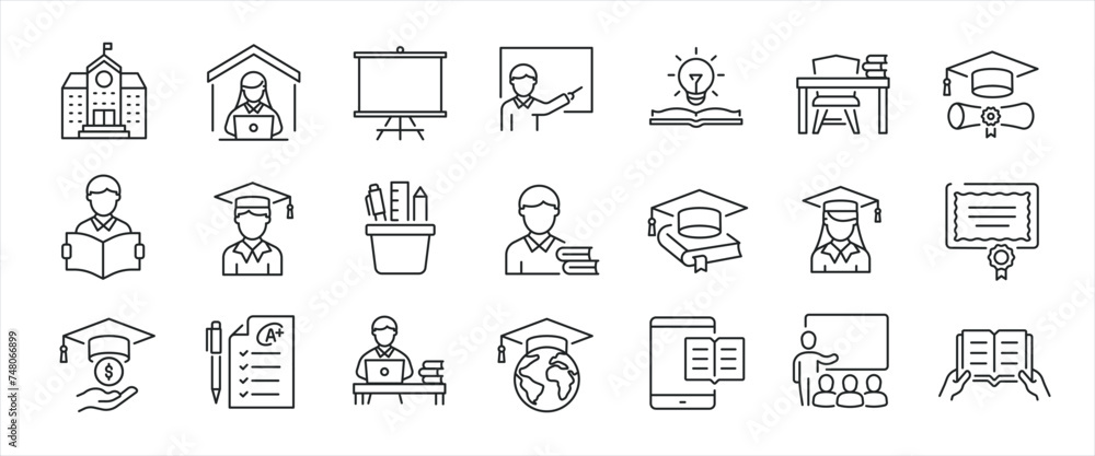 Education simple minimal thin line icons. Related student, academy, school, college. Editable stroke. Vector illustration. Education simple minimal thin line icons. Related student, academy, school, college. Editable stroke. Vector illustration.