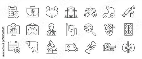 Healthcare simple minimal thin line icons. Related medical, medicine, doctor, diagnostic. Editable stroke. Vector illustration.