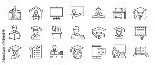 Education simple minimal thin line icons. Related student, academy, school, college. Editable stroke. Vector illustration. photo