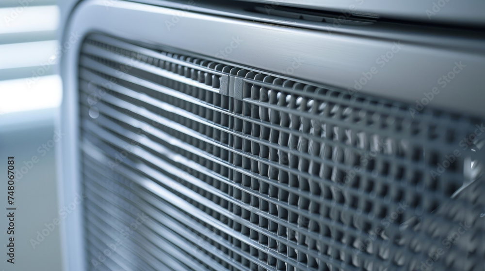 A closeup of the intake and exhaust vents of a portable air conditioner surrounded by a silver mesh grill for protection. A closeup of the intake and exhaust vents of a portable air conditioner surrounded by a silver mesh grill for protection.