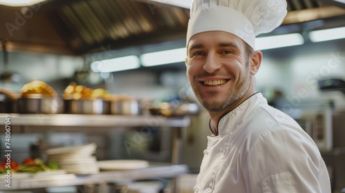 Portrait of a smiling male chef with cooked food standing in the kitchen