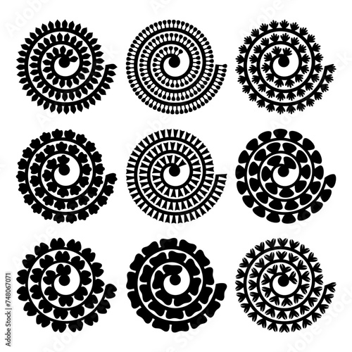 Rolled paper flower. Vector set. 3d paper cut template. Isolated on white background.