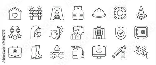 Safety simple minimal thin line icons. Related construction, hazard, protection, health. Editable stroke. Vector illustration.