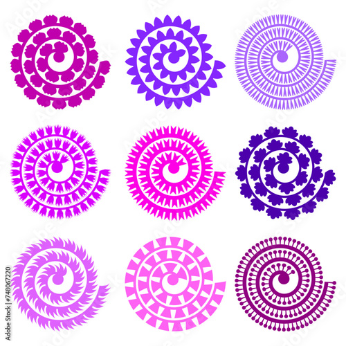 Rolled paper flower. Vector set. 3d paper cut template. Isolated on white background.