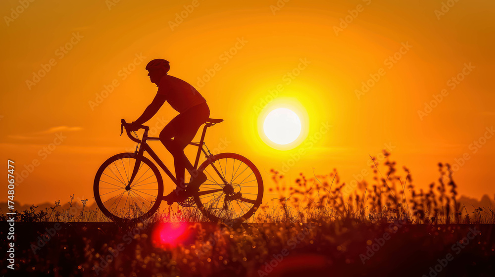 Fototapeta premium Silhouette Of Male Cyclist With Sunset And Beautiful Landscape. Man With Bike, Male Cyclist Background