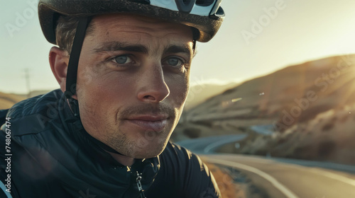 Portrait Of A Determinated Male Cyclist. Perseverance And Winning Attitude. Man With Bike, Male Cyclist Background © Immersive Dimension