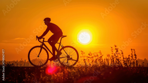 Silhouette Of Male Cyclist With Sunset And Beautiful Landscape. Man With Bike, Male Cyclist Background © Immersive Dimension