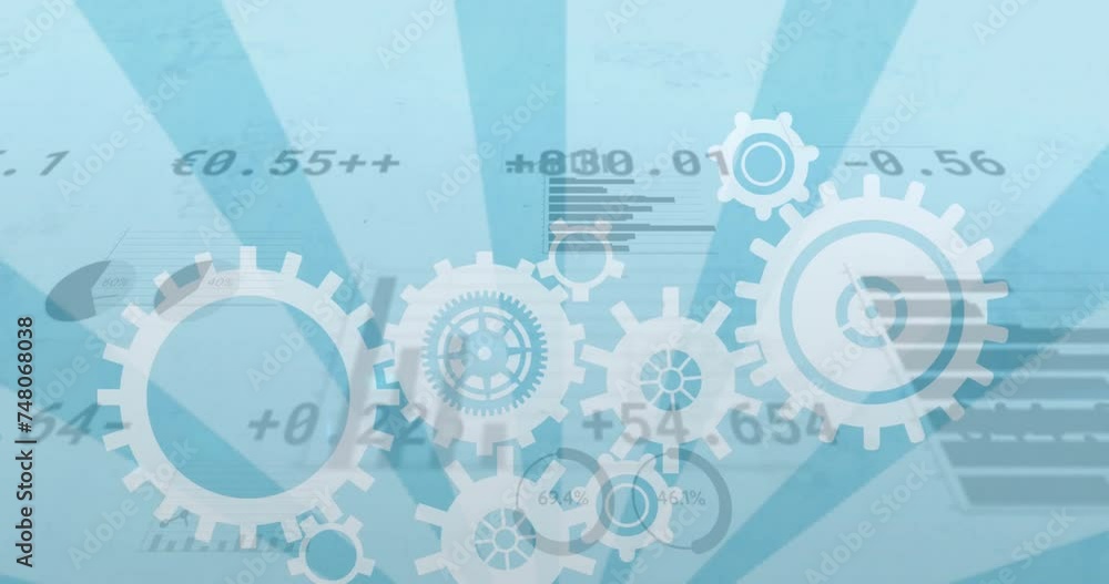 Animation of cogs and data processing over stripes on blue background Animation of cogs and data processing over stripes on blue background