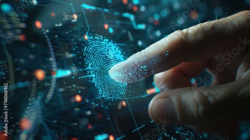 Users online security check system. Businessman using fingerprint. Digital transformation technology strategy, transformation of ideas and the adoption of technology in business in the digital age.