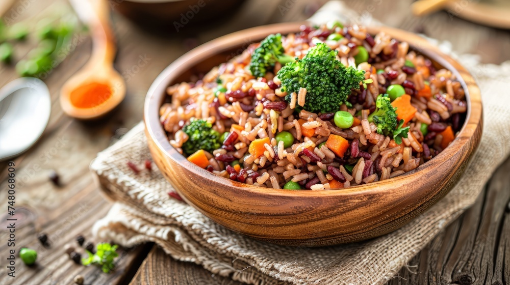 Vegetarian fried rice dish of red brown jasmine rice and riceberry with diced fresh broccoli and carrot in wooden bowl over natural sackcloth on wood table, Vegetarian fried rice dish of red brown jasmine rice and riceberry with diced fresh broccoli and carrot in wooden bowl over natural sackcloth on wood table,
