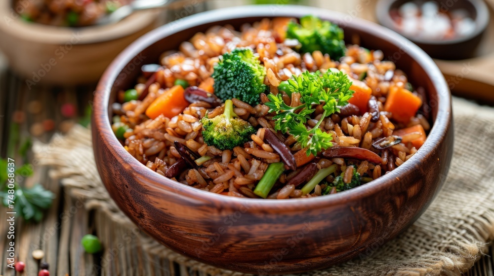 Vegetarian fried rice dish of red brown jasmine rice and riceberry with diced fresh broccoli and carrot in wooden bowl over natural sackcloth on wood table, Vegetarian fried rice dish of red brown jasmine rice and riceberry with diced fresh broccoli and carrot in wooden bowl over natural sackcloth on wood table,