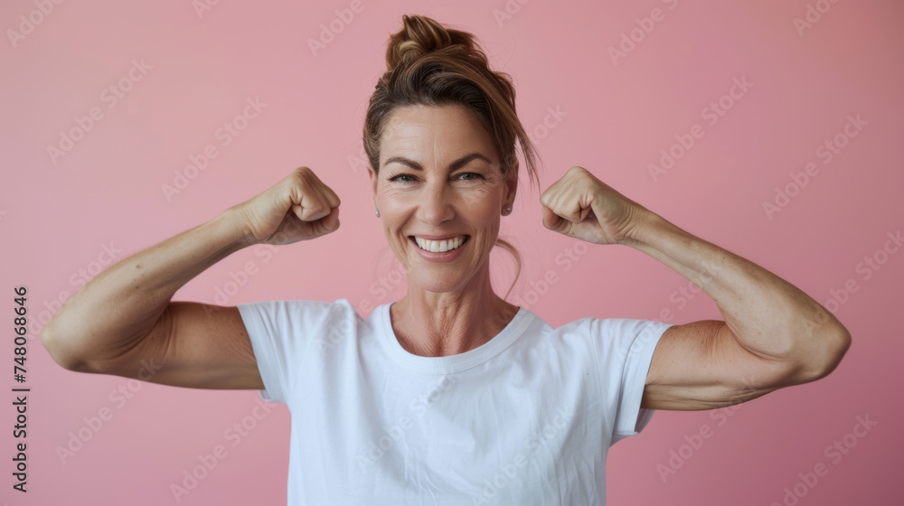 A happy person flexing their muscles in a display of strength and confidence, wearing a white shirt, against a pink background. A happy person flexing their muscles in a display of strength and confidence, wearing a white shirt, against a pink background.
