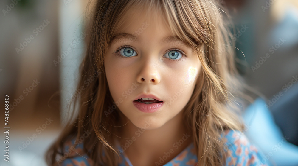 Retrato de una niña  con expresión sorpresa - obrazy, fototapety, plakaty 