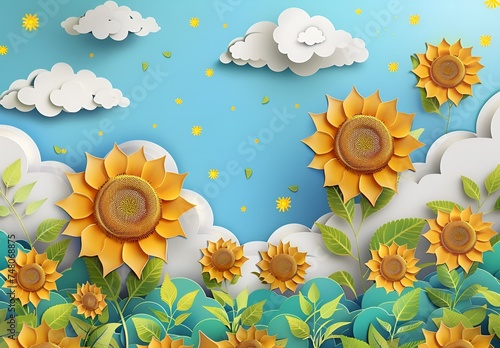 Scenery of many blooming sunflowers and blue sky