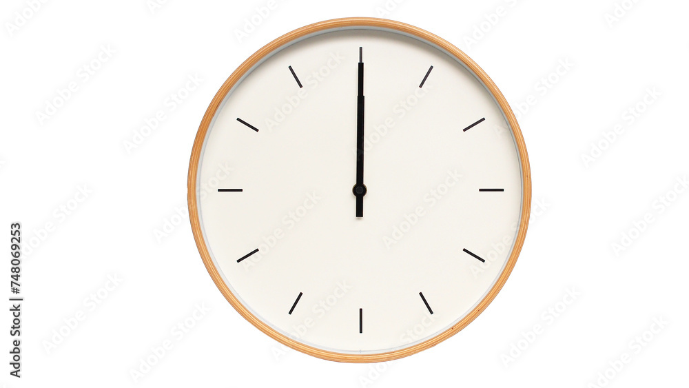 Isolated on white background Minimalist style wooden wall clock, showing time at 12.00 or 0.00. Isolated on white background Minimalist style wooden wall clock, showing time at 12.00 or 0.00.