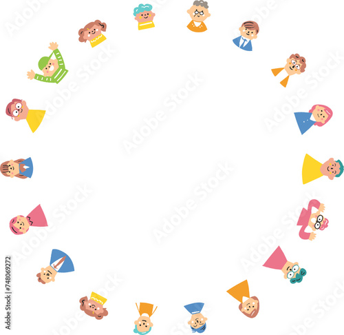 様々な人々が弧を描くように並んでいる図　イラスト素材
