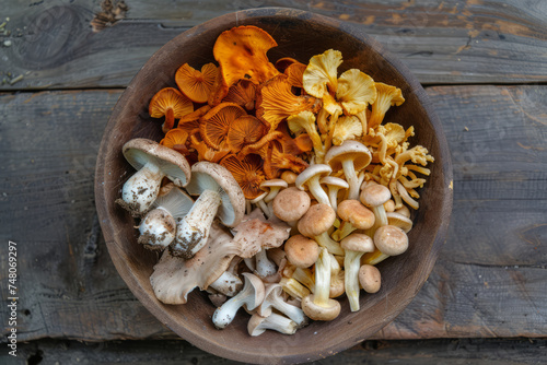 overhead view of a bowl of different foraged mushrooms on a rustic wooden background