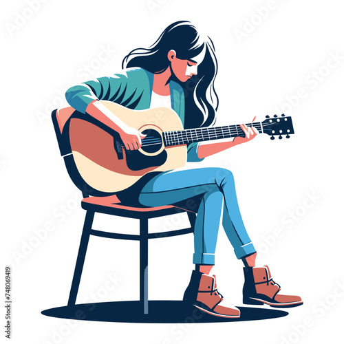 Musician woman playing guitar acoustic vector illustration, female guitarist performing music, String instrument player design template isolated on white background