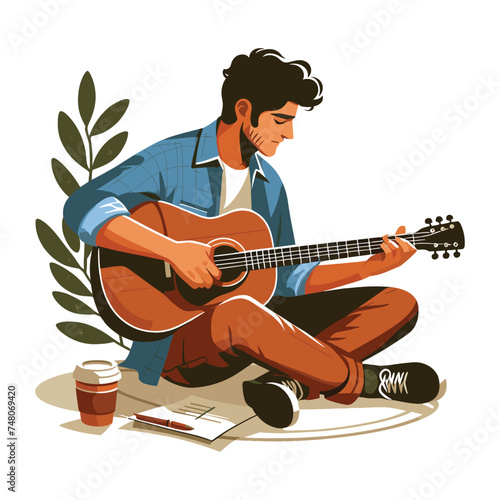 Musician man playing guitar acoustic vector illustration, male guitarist performing music, String instrument player design template isolated on white background