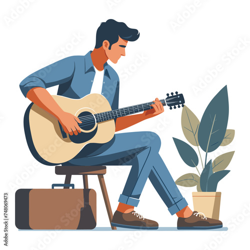 Musician man playing guitar acoustic vector illustration, male guitarist performing music, String instrument player design template isolated on white background