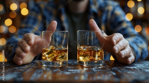 Close-up hand stop alcohol, Man's hand gesturing 'no' to a glass of whiskey. alcoholism treatment, alcohol addiction, quit booze, Stop Drinking Alcohol. unhealthy, alcohol rejection photo