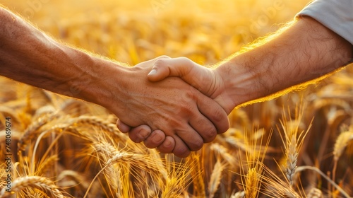 closeup of two farmers hand handshake on wheat field background