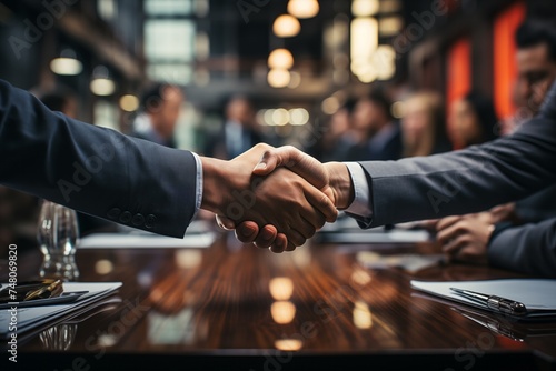 Businessmen making handshake in the city - business etiquette, congratulation, merger and acquisition concepts, panoramic banner