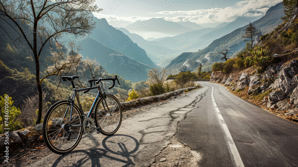 Isolated Racing Bike With Nobody On A Deserted Mountain Road. Beautiful Landscape And View. Bicycle Cylism Background