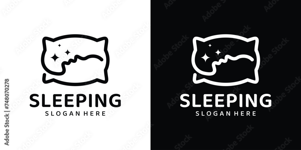 Pillow logo design template with the head of the person is sleeping and with an abstract line model graphic design vector. Symbol, icon, creative. Pillow logo design template with the head of the person is sleeping and with an abstract line model graphic design vector. Symbol, icon, creative.